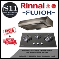 Rinnai RB-7303S-GBSM 3 Burner Built-In  Hob Tempered Glass Top Plate + Fujioh FR-FS1890 89CM Super Slim Cooker Hood Bundle Deal - Free Delivery