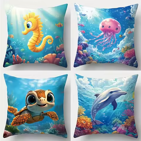 4PCS Cartoon Ocean Pillow Covers: Seahorse, Dolphin, Turtle, Jellyfish & Coral. Lifelike Print for B