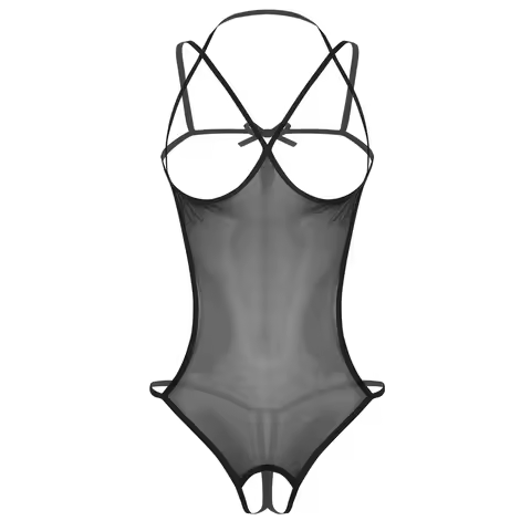 Women's Mesh Bodysuit See-through Crotchless Exotic Teddies Hollow Out Halter Backless Exposed Bra L