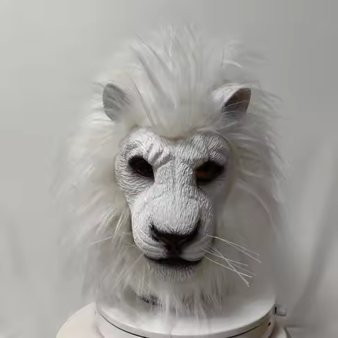 Adult Latex Lion Mask with Realistic Mane Brown & White Soft Halloween Cosplay Headgear for Party An