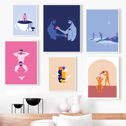 Nordic Cartoon Gay Couple Bathe in the Moonlight/Hugging Love Poster Canvas Painting HD Printed Wall