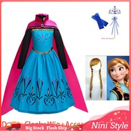 Frozen Anna Princess Dress for Kids Girl Cosplay Costume Kid Long Sleeve The Snow Queen Dresses Wig Crown Accessories Children Girls Birthday Carnival Party Robe