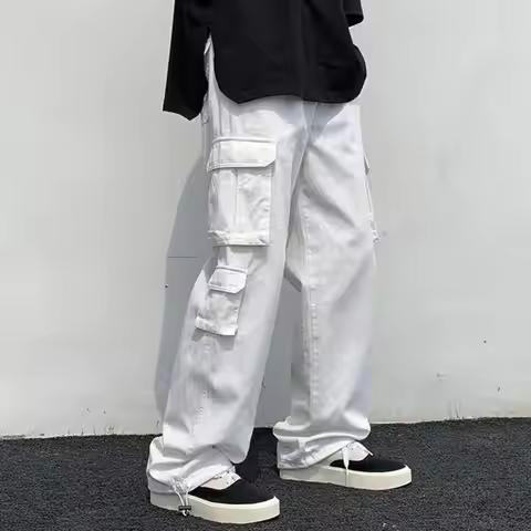2024 Men Cargo Pants Black White Casual Pants Men's Loose Straight Wide Leg Pants Men Hip-hop Pocket