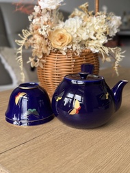 【宮內廳御用達】日本中古香蘭社深藍色蝴蝶茶壺茶杯套裝 昭和