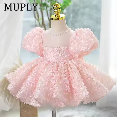 Princess Birthday Party Dress Baby Girl Baptism Dress Pink Floral Lace Toddler Girl Christening Gown
