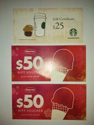 (包郵)Häagen-Dazs $50現金券/Haagen Dazs單球雪糕券兩張+Starbucks 星巴克$25現金券