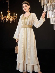 SHEIN Najma 金色膠帶土耳其風格洋裝,褶邊搭配無袖設計