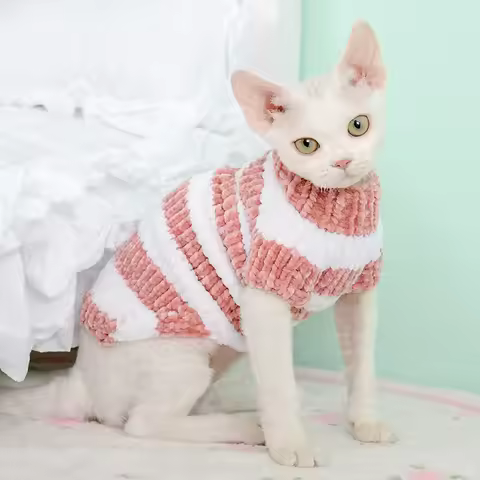 Devon Rex Sphynx Cat Sweater Striped - Warm Thermal Soft Jumper for Hairless Cats Winter Wear, Anti-