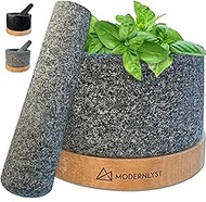 Modernlyst Unpolished Mortar and Pestle Set Large | 100% Heavy Duty Granite | Molcajete Mexicano | 2 Cup Capacity | Durable Wood Base | Grinder Pestle and Stone Grinding Bowl