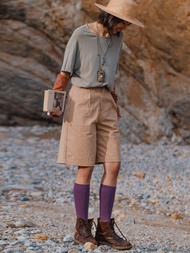 卡其色 工裝高腰休閒短褲 中性五分褲