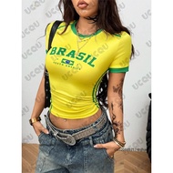 2026 Baju-T Cetakan Brazil Baru Untuk Wanita, Estetik Huruf, Lengan Pendek, Crop Top Kasual, Pakaian