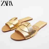 <905>Zara รองเท้าแตะหนังวัว พื้นแบน สีเขียว แฟชั่นฤดูร้อน สําหรับผู้หญิง 20243/2