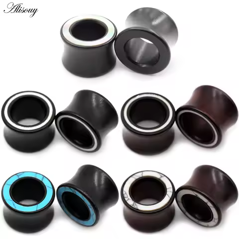 Alisouy 2pcs Wood Inlay White Line Blue Stone Ear Plug Tunnel Earring Guages Stretcher Expander Exte