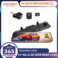 WOLFBOX G900 12" Rear View Mirror Camera, 4K Mirror Dash Cam Front and Rear with 2.5K Rear Camera, Smart Full Touch Screen Backup Camera for Car, Dash Cam with WDR Camera,Night Vision,Free 64GB Card &amp; GPS Car Camera
