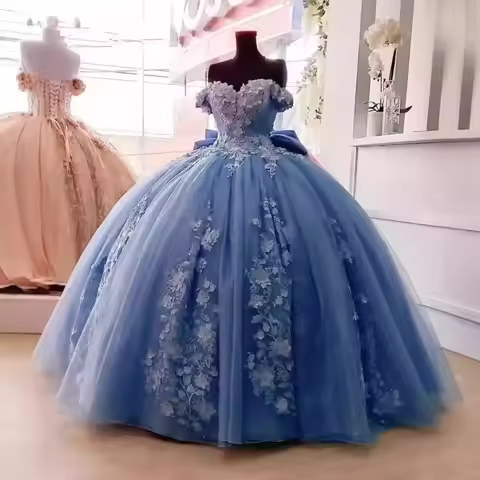 BOMARIS Dusty Blue Princess Ball Gown Quinceanera Dresses Vestidos De 15 Anos XV Vintage 3D Lace XV 