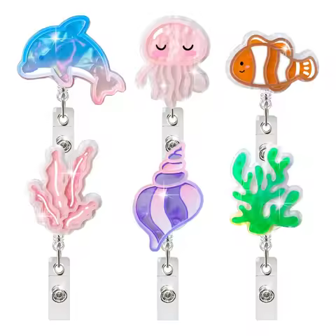 Cute Cartoon Marine Worker ID Card Holder Retractable Badge Octopus Coral Dolphin Easy Pull Buckle f