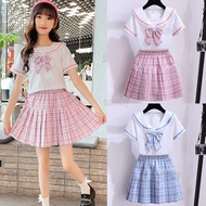 Fashion Clothes for Kids Girls 3-14 Year Old 2pcs Set Korean Plaid JK Skirt + Navy Collar Shirt Tops