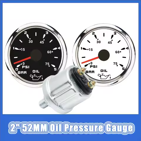 52MM Oil Pressure Gauge 0-5 Bar 0-75 PSI 7 Color Backlight Auto Car Gauge 1/8NPT Sensor for Marine B