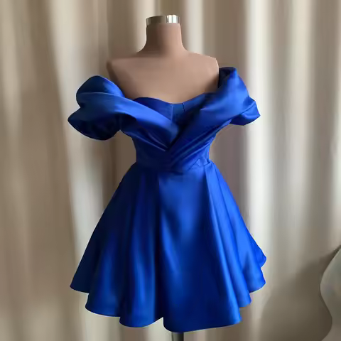 Real Image Royal Blue A-line Short Satin Women Skirt To Party V-neck Cap Sleeves Good Quality Girl M