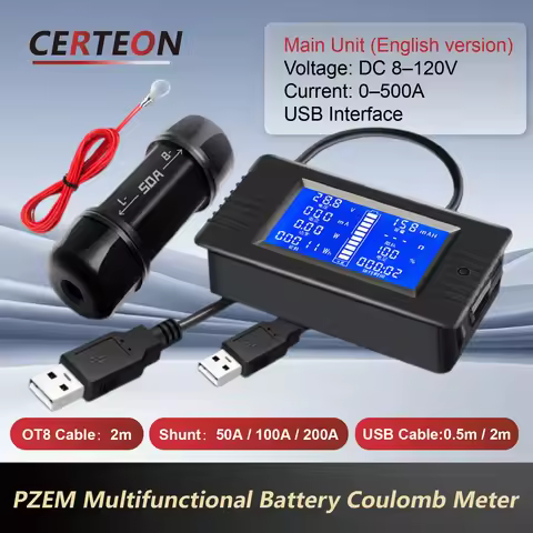 PZEM Battery Capacity Tester Coulomb Meter 8‑120V 50‑500A Shunt Battery Pack Monitor USB Display Vol