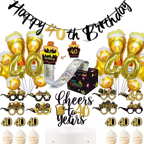 Black Gold Happy Birthday Banner Cake Topper Paper Glasses 32inch Number Balloons Anniversary 40th B