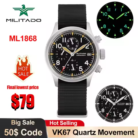 Militado ML1868KF Quartz Watch VK67 Chronograph Movement Military 3 Dial Vintage Watch 100m Waterpro