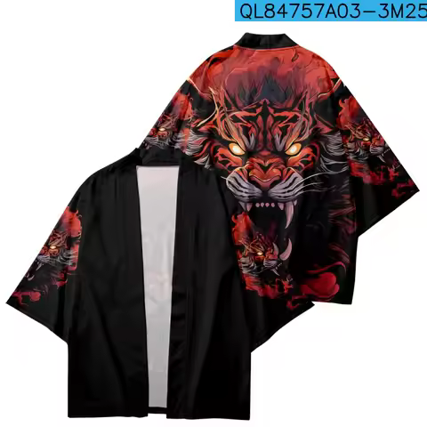 Japanese Style Anime Tiger Print Traditional Kimono Men Yukata Cardigan Shirts Cosplay Haori Oversiz