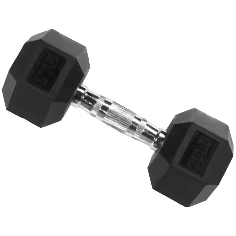 Rubber Encased Hex Dumbbell, 20 lb, Single, Black, dumbbell set, dumbbell