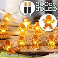 聖誕節必備! 300cm/30燈 薑餅人 LED燈串，電池款 (內含試用電池)。適合室外/露營燈串。可愛做型 聖誕燈，佈置節日不單調。牆上門上、聖誕樹燈，隨心所欲佈置，享受聖誕氣息