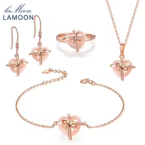 LAMOON Sterling Silver 925 Jewelry Sets Rose Quartz Gemstone 18K Rose Gold Plated Fine Jewelry Gift