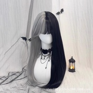 Halloween Wig for Women [Black and White Witch] Long Hair Cosplay Cruella Two-Tone Long Straight Hai