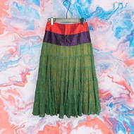 二手 綠色 挖皺薄紗 刺繡 拼接 彩色 傘狀 高腰 28 長裙 G105