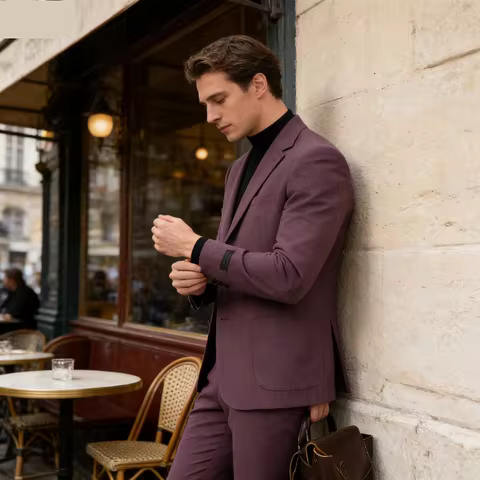 Men's Linen Suit Set Summer Beach Regular Tern with Notched Lapel Vintage Blazer And Pants Ensemble