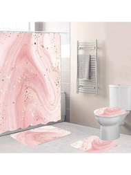 4入組粉色大理石鍍金浴簾套裝, 包含防水浴簾, 防滑地毯, 馬桶蓋, 浴墊和12塊塑料吊掛勾, 浴室配件, 180*180公分/70.8*70.8英寸