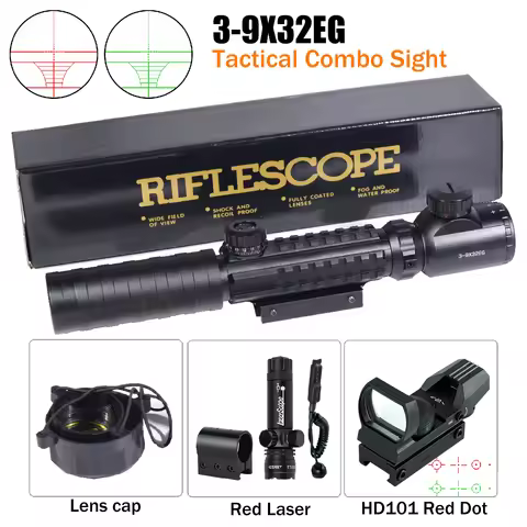 Tactical 3-9X32EG Riflescope Laser Red Dot 3 in 1 Combo Optic Sight Red Green Illuminated Reflex 4 R