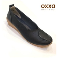 OXXO  รองเท้าเพื่อสุขภาพหนังแท้ หนังวัว รองเท้าคัทชู พี้นแบน หนังนิ่มมาก พี้นยางสั่งทำพิเศษ พื้นสูง1นิ้ว ใส่สบายX06018
