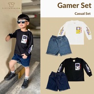 LittleShanka - Distro Long Sleeve T-Shirt and Ripped Jeans Shorts Set for Kids - Gamer Set