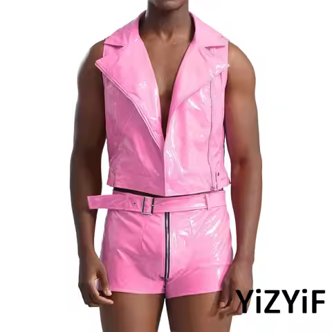 3Pcs Sissy Mens Gay Wet Look PU Leather Outfits Sleeveless Zipper Tank Top+Zipper Boxer Shorts&Waist