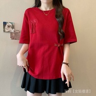 Large Size New Chinese Style Tassel Buckle Short Sleeve T-shirt Women 2025 Summer New Style Fat mm L