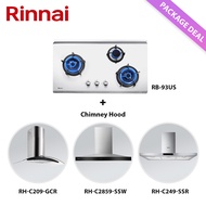 Rinnai RB-93US 3 Burner Stainless Steel Built-in Hob + Chimney Hood (RH-C209-GCR, RH-C2859-SSW, RH-C249-SSR, RH-C91A-SSVR, RH-C1059-PBR) Package Deal