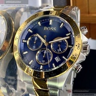 BOSS手錶,編號HB1513767,42mm金色圓形精鋼錶殼,寶藍色三眼, 時分秒中三針顯示錶面,金銀相間精鋼錶帶款,頂級時尚!, 值得珍藏好物!