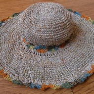 棉麻編織帽 手工編織 草帽 大帽簷 遮陽帽 花朵 橘+綠+藍