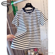 M-4XL Trendy Stripe Tshirt Women Plus Size Loose Puppy Embroidery Casual Top