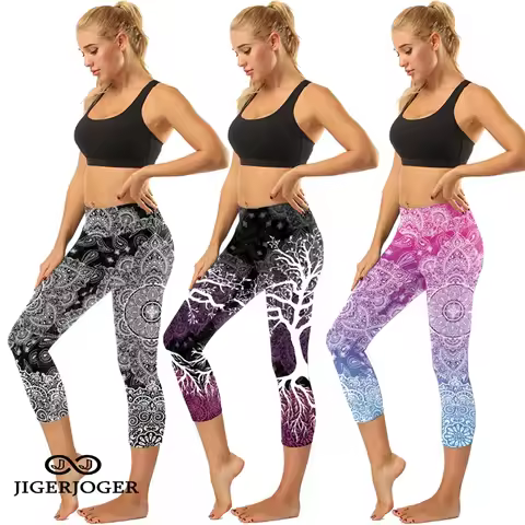 Women Gym Pants 7/8 Capris Leggings Pink Black Blue Sport Fitness Cropped Yoga Pant Print High Waist