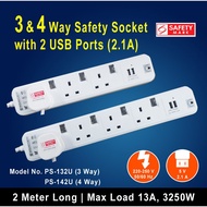 3 and 4 Way Extension Socket with 2 USB Ports (2.1A) & Safety Mark (2 Meter)