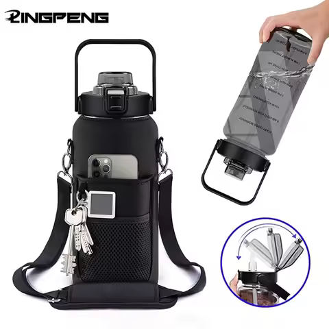 2L 64OZ Half Gallon Water Bottle with Sleeve Motivational Water Bottle with Straw & Time Marker Leak