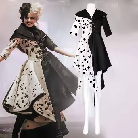 Cruella 2024 Halloween Costume Cosplay Evil Queen Black and White Coat Evening Dress Fashion Emma Ma