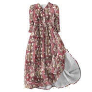 QIGUANDZ Boho Floral Beach Dress Korean Style 3/4Sleeve Lapel Lace-Up A-Line Dress Summer Casual Loo