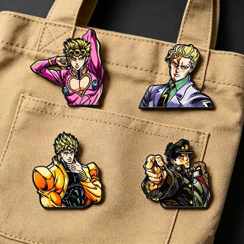 4pcs Anime Character Enamel Brooches Pin Set - Giorno Kira Dio & Jotaro Lapel Pins for Backpacks Cos