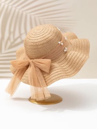 1頂男女童網紗珍珠蝴蝶結裝飾可愛防曬卡其色波浪草帽,適用於海灘度假等戶外活動,適合兒童禮品